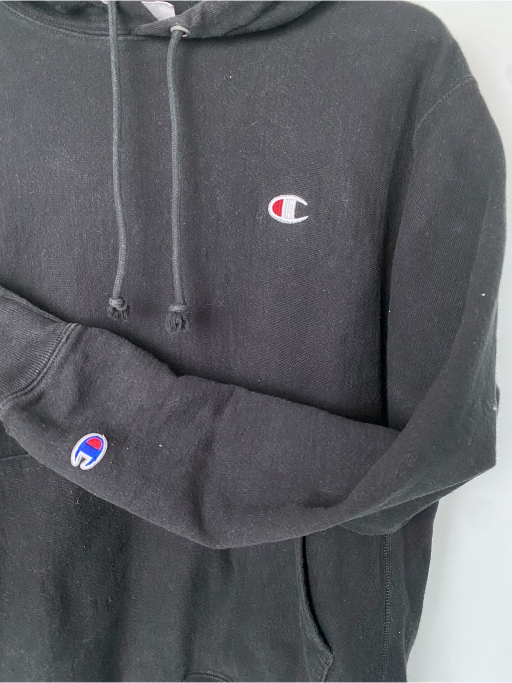 Champion Black Pullover Hoodie with Red & White Logo